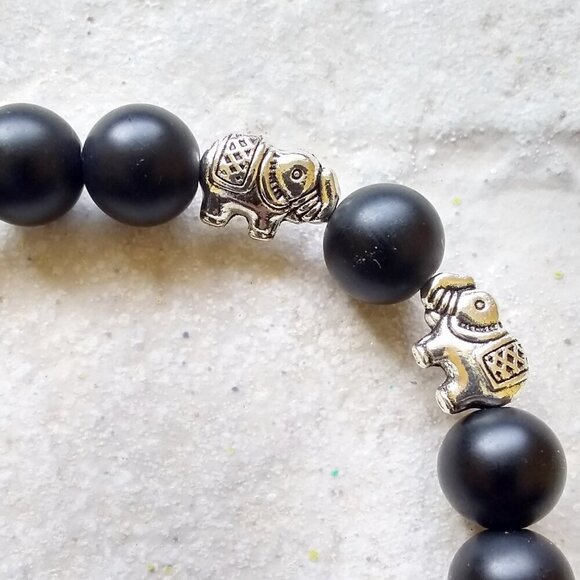 Chunky Black & Silver Elephant Lovers Stretch Bracelet - Black Stone Beads 7.5" - Picture 3 of 7